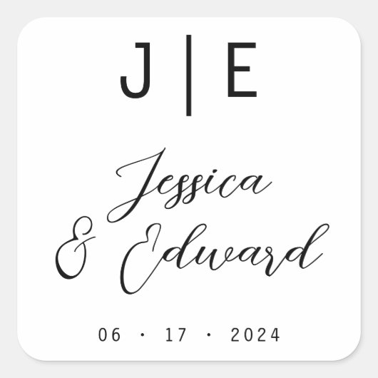 Sticker Carré Monogramme noir élégant Script Couple Nom moderne (Devant)