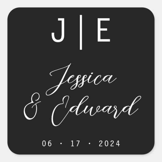 Sticker Carré Monogramme noir élégant Script Couple Nom moderne (Devant)