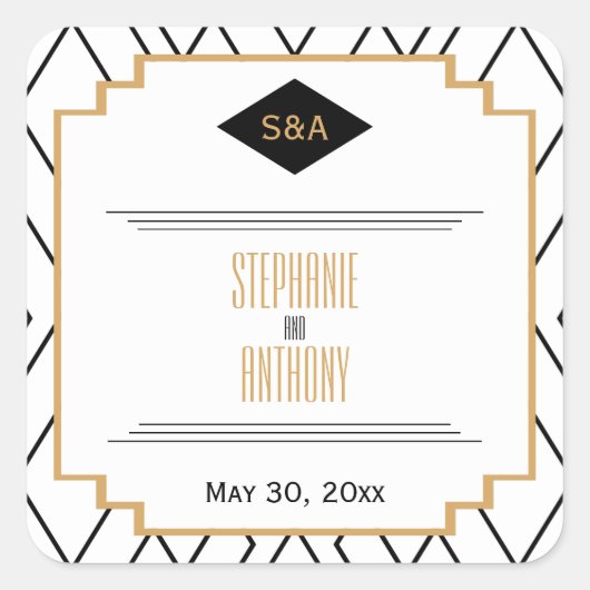 Sticker Carré Monogramme Noir, Or et Blanc Art Déco Merci (Devant)