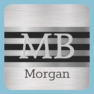 Sticker Carré Monogramme/Nom DIY Bk/Rayes Argent Brossé Argent