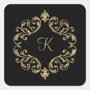 Sticker Carré Monogramme Nom Noir Or  Mariage Soirée Formel