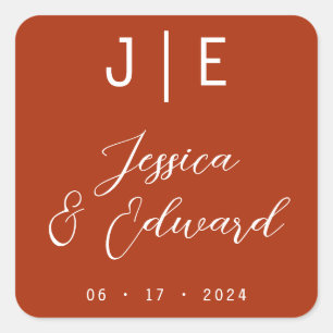 Sticker Carré Monogramme orange brûlé Élégant Nom du couple Mode