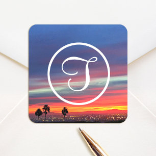 Sticker Carré Monogramme orange nuages bleus coucher de soleil p