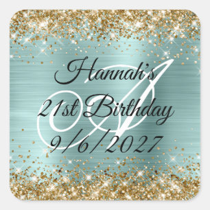 Sticker Carré Monogramme Pailleté Or Turquoise Clair Anniversair
