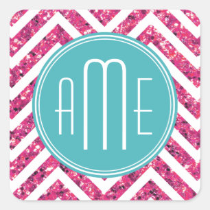 Sticker Carré Monogramme personnalisé avec paillettes roses et m