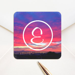 Sticker Carré Monogramme rose chaud bleu coucher de soleil photo