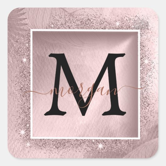 Sticker Carré Monogramme rose Parties scintillant or (Devant)