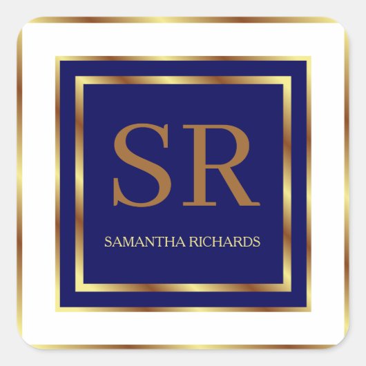 Sticker Carré Monogramme Royal bleu et or géométrique (Devant)