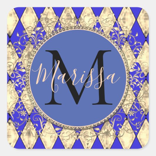 Sticker Carré Monogramme Royal Blue et Gold Glam (Devant)