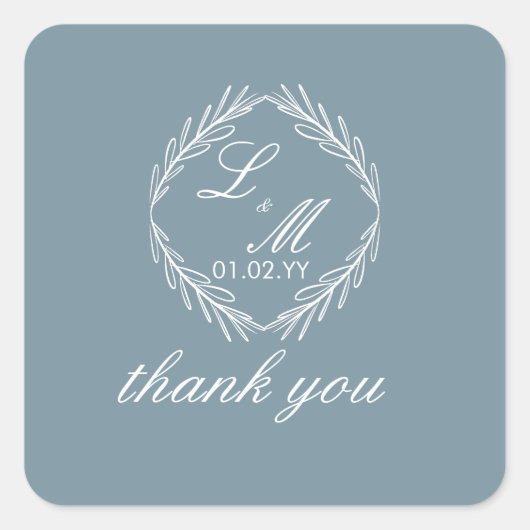 Sticker Carré Monogramme Script Branch Dusty Blue Mariage (Devant)