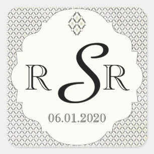 Sticker Carré Monogramme vintage de Mariage de diamants noir et