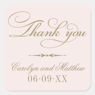 Sticker Carré Monogramme Vintage Remerciements Rose Pâle Or