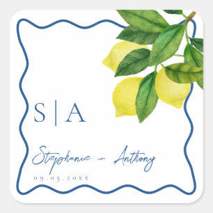 Sticker Carré Monogrammes Citron Citron, Bordure Vague Bleue Mar