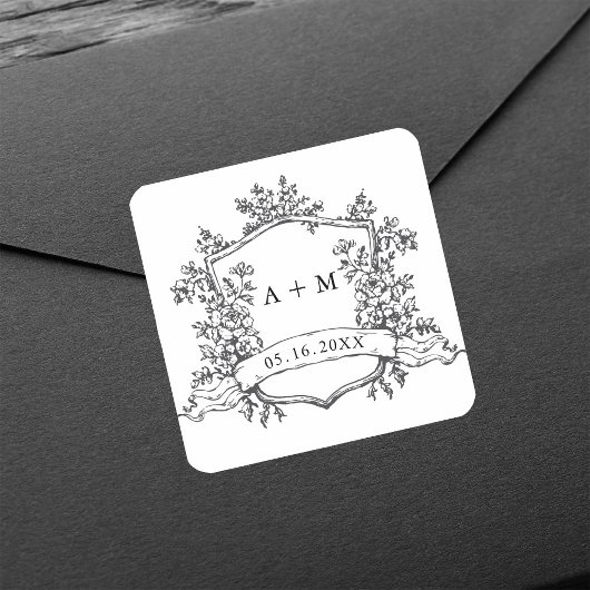 Sticker Carré Monogrammes de crête florale noir et blanc classiq