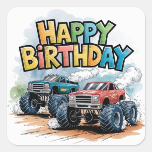 Sticker Carré Monster Truck Anniversaire Bash Watercolor Art