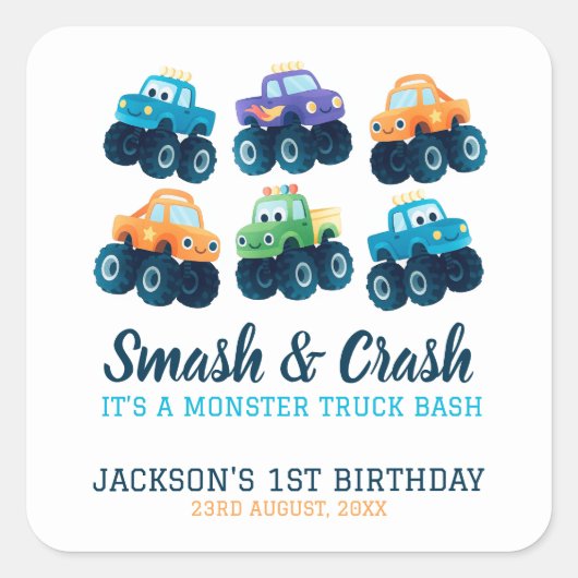 Sticker Carré Monster Truck Bash Boys Anniversaire (Devant)
