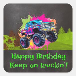 Sticker Carré Monster Truck Neon Boy fête d'anniversaire