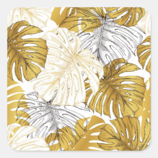 Sticker Carré Monstera Feuilles : Blanc doré