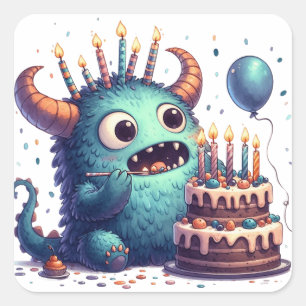Sticker Carré Monstre Bleu Avec Gâteau D'Anniversaire