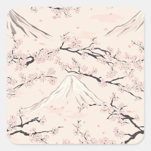 Sticker Carré Mont Fuji avec Cerisiers en Fleurs – Japonais