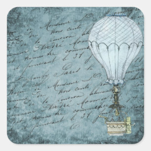 Sticker Carré Montgolfière Steampunk Crépuscule Bleu Écriture Ma