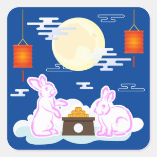 Sticker Carré Moon Rabbit Mooncake Nuages Mooncake Festival à la