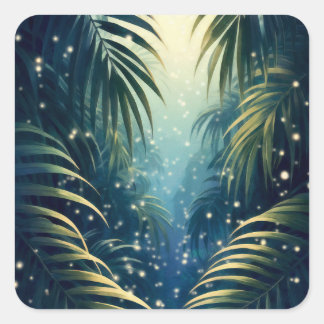 Sticker Carré Moonlit palm leaves with fireflies, watercolor art