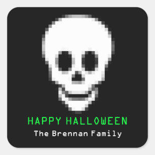 Sticker Carré Mort pixel crâne toxique vert Halloween favoriser