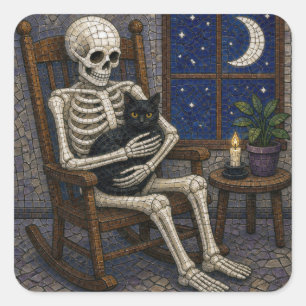 Sticker Carré Mosaïque de squelette et chat noir Halloween