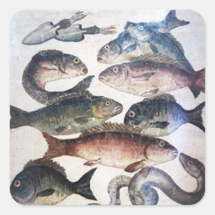 STICKER CARRÉ MOSAÏQUES ROMAINES ANTIQUES, POISSONS, ESPACE DE V