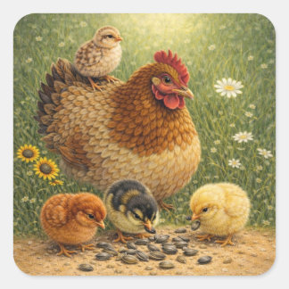 Sticker Carré Mother Hen with Chicks Feeding on Sunflower Seeds 