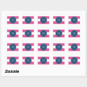 Sticker Carré Motif à rayures roses chaudes, Monogramme bleu mar (Feuille)