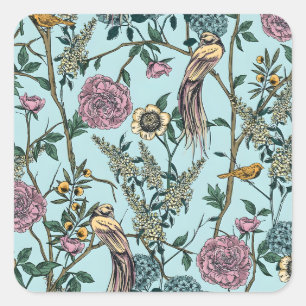 Sticker Carré Motif botanique de couleur bleue de style vintage