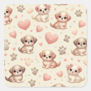 Sticker Carré Motif Chiots Pastel et Cœurs