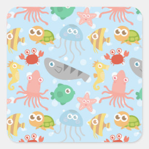 Sticker Carré Motif d'animaux sous-marins mignons et colorés
