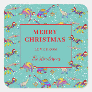 Sticker Carré Motif de dinosaure de Noël avec nom de famille