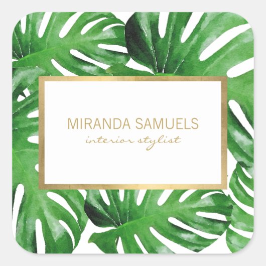 Sticker Carré Motif de feuilles tropicales de Monstera à l'aquar (Devant)