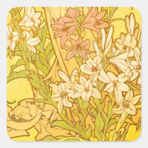 Sticker Carré Motif de fleurs de lys d'Alphonse Mucha : Art nouv