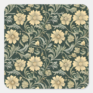Sticker Carré Motif de fleurs jaunes stylisées vert foncé