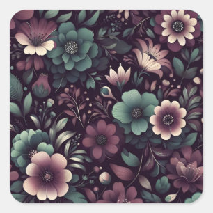 Sticker Carré Motif de fleurs violettes foncées et vertes