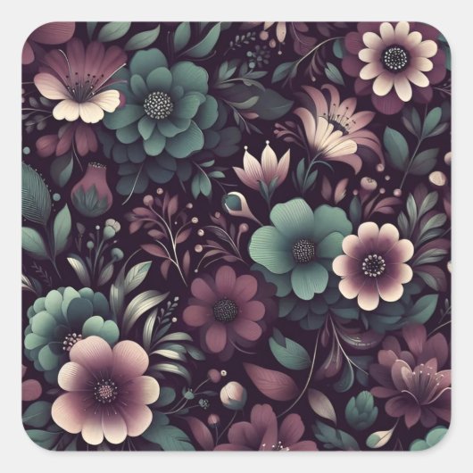 Sticker Carré Motif de fleurs violettes foncées et vertes (Devant)