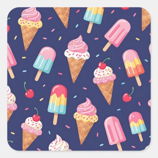 Sticker Carré Motif de glace, popsicles et cerises (Devant)