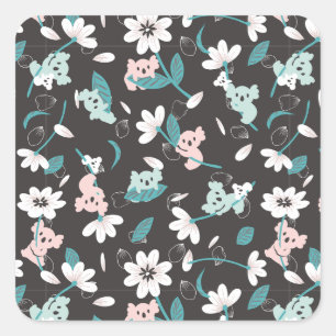 Sticker Carré Motif de koala coloré, animal mignon et floral