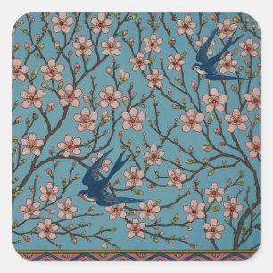 Sticker Carré Motif de l'hirondelle florale rétro bleu par Walte