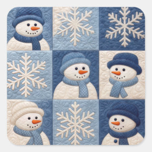 Sticker Carré Motif de patchwork Bonhommes de neige et Flocons d