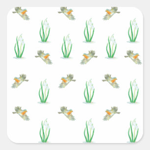 Sticker Carré Motif de printemps Red Robin Birds et Snowdrops