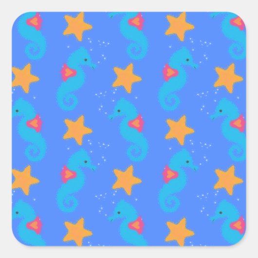 Sticker Carré Motif De Seahores Bleues Et De Starfish (Devant)
