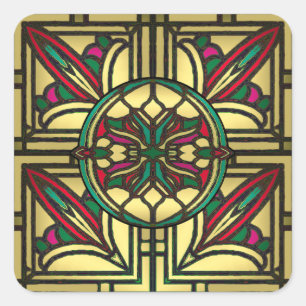 Sticker Carré Motif de vitrail vintage en or et rouge