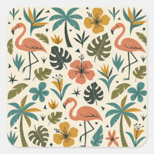 Sticker Carré Motif Flamant Tropical et Palmier