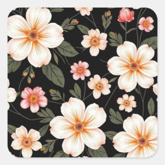 Sticker Carré Motif floral clair sur noir